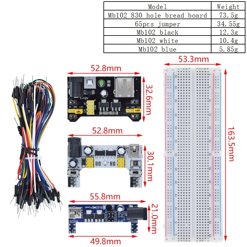3.3v/5v mb102 breadboard power module+mb-102 830 points prototype bread board for arduino kit +65 jumper wires wholesale