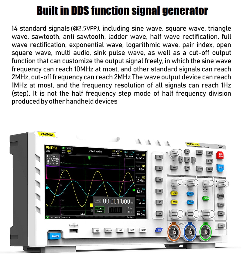 fnirsi-1014d digital oscilloscope 2 in 1 dual channel input signal generator 100mhz* 2 ana-log bandwidth 1gsa/s sampling rate