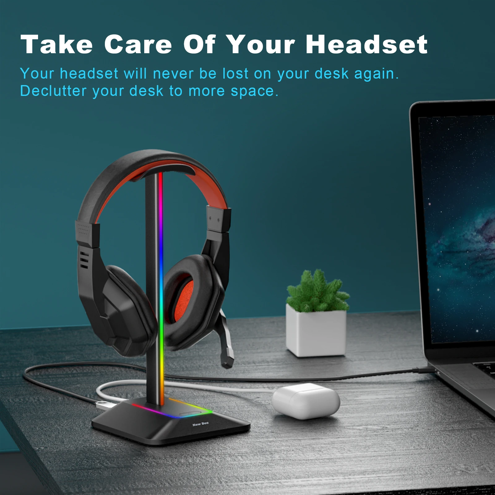 New Bee Z8 RGB Headphones Stand Holder Desk Gaming Headset with 2 USB Ports Cool Display Holder Non-Slip Rubber Base for Gamer