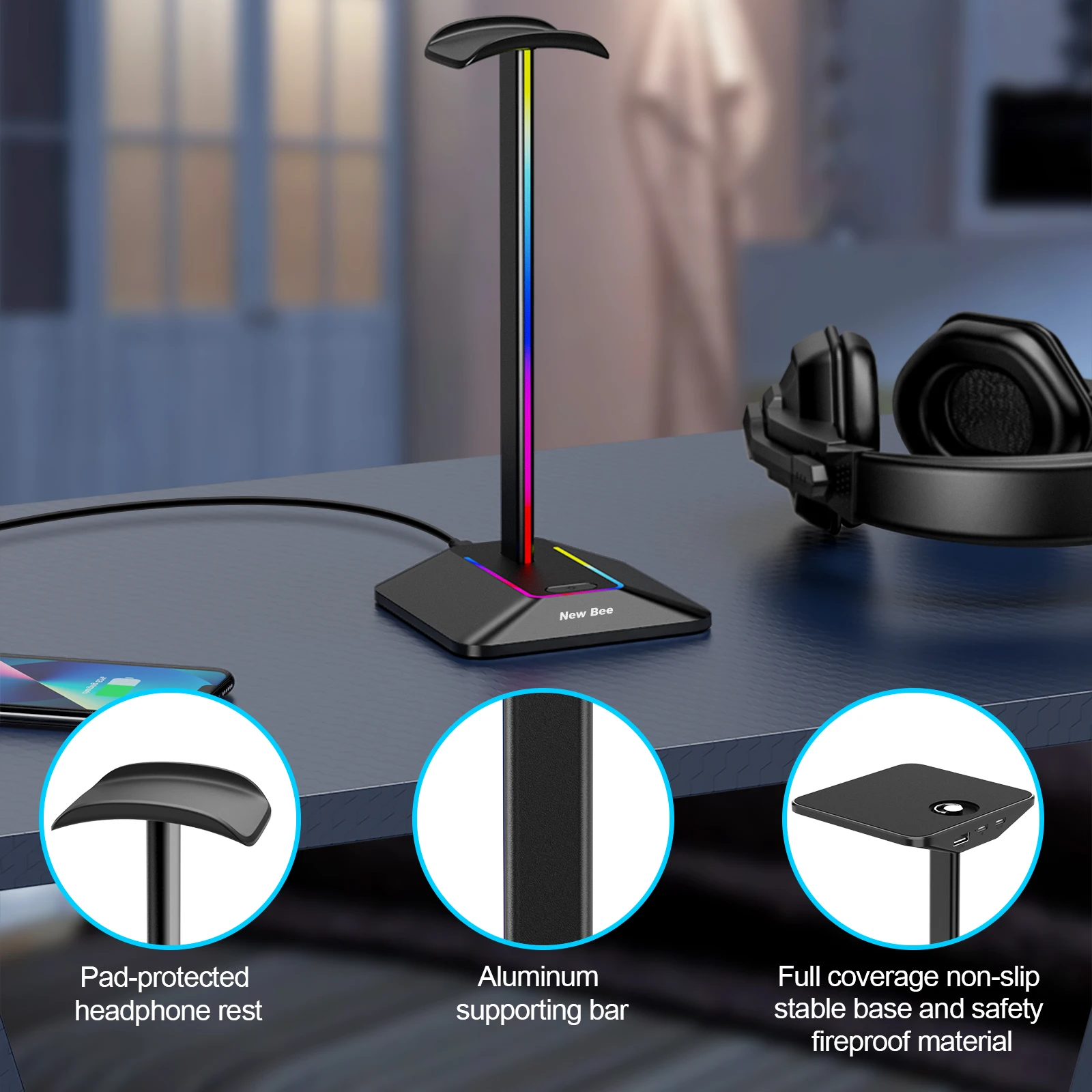 New Bee Z8 RGB Headphones Stand Holder Desk Gaming Headset with 2 USB Ports Cool Display Holder Non-Slip Rubber Base for Gamer