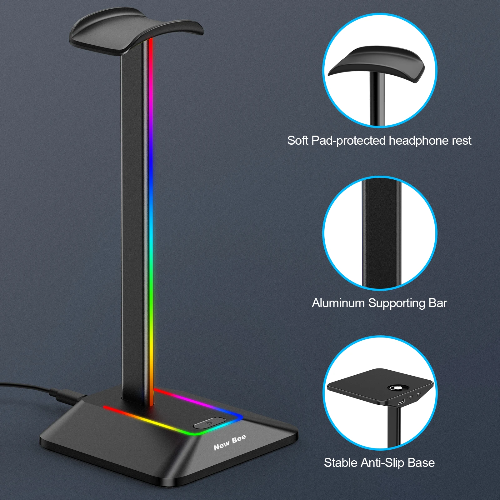 New Bee Z8 RGB Headphones Stand Holder Desk Gaming Headset with 2 USB Ports Cool Display Holder Non-Slip Rubber Base for Gamer