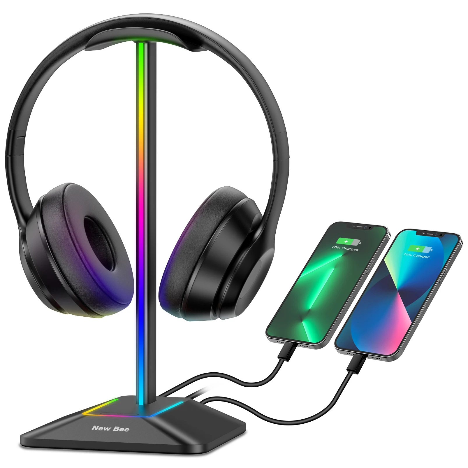 New Bee Z8 RGB Headphones Stand Holder Desk Gaming Headset with 2 USB Ports Cool Display Holder Non-Slip Rubber Base for Gamer