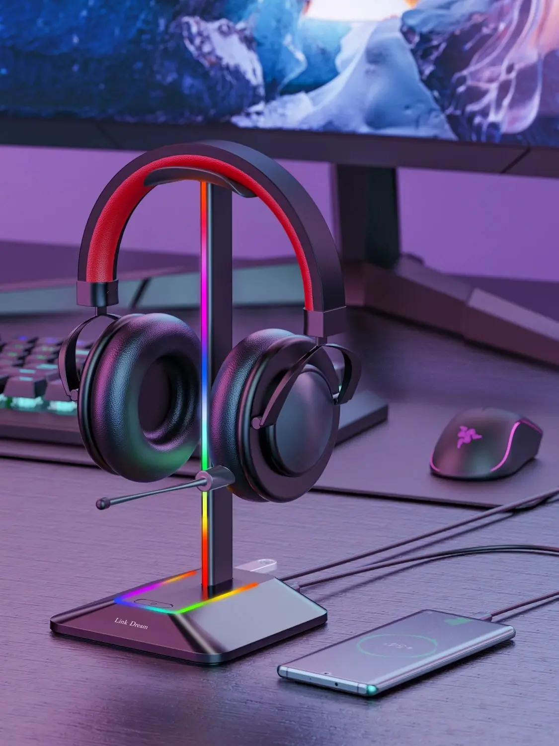 New Bee Z8 RGB Headphones Stand Holder Desk Gaming Headset with 2 USB Ports Cool Display Holder Non-Slip Rubber Base for Gamer