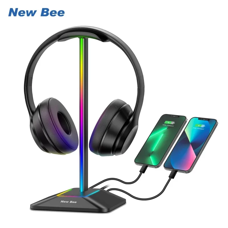 New Bee Z8 RGB Headphones Stand Holder Desk Gaming Headset with 2 USB Ports Cool Display Holder Non-Slip Rubber Base for Gamer - Image 2